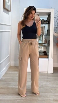 Calça Pantalona Cargo Thamires Pala Larga Com Amarração Frontal