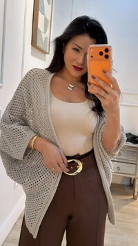 Kimono Tricot Vazado Ashley Mangas 3/4 Punhos Canelados