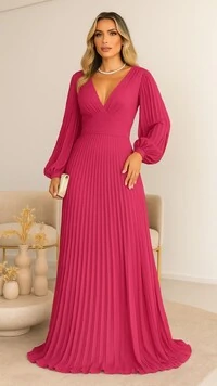 Vestido Longo Plissado Decote V Frontal E Posterior Kimberly Mangas Longas Bufantes
