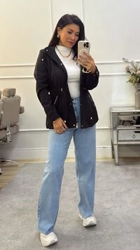 Parka Forro Peluciado Nina Bolsos Com Zíper Diagonais Dourados
