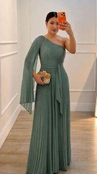 Vestido Longo Plissado Ombro Único Chloe Cinto Faixa