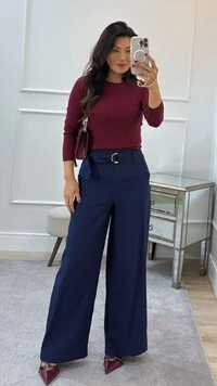 Calça Pantalona Brenda Cinto Faixa Fivela Dupla Dourada