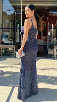 Vestido Longo Lurex Decote V Carina Recortes Vazados No Busto E Laterais
