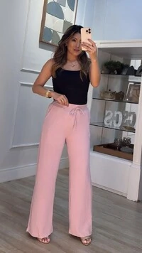 Calça Pantalona Pala Larga Franzida Com Amarração Luiza Bolsos Frontais