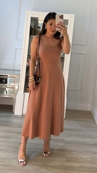 Vestido Midi Decote Reto Barbara Alças Largas