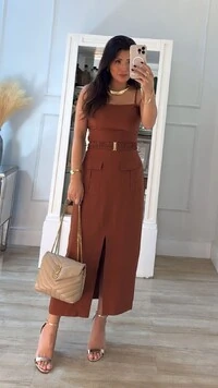 Vestido Midi Alças Finas Opcionais Britney Cinto Franzido