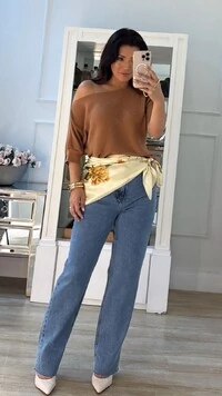 Blusa Tricot Amplo Canelados Horizontais Heloize Mangas 3/4 Com Punhos