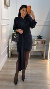 Vestido Curto Drapeado Mariana Mangas Longas Bufantes