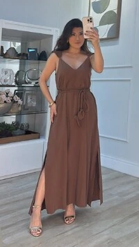 Vestido Longo Decote V Mariah Cinto Corda Detalhe Folha