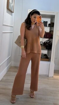 Conjunto Tricot Maithe Blusa Regata Alongada E Calça Pantalona