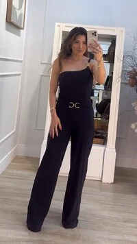 Macacão Longo Pantalona Alça Única Lady Cinto Fixo Fivela Dourada