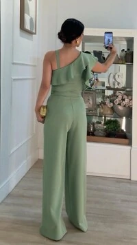 Conjunto Marisa Alfaiataria Blusa Cropped Manga Babados & Calça Pantalona