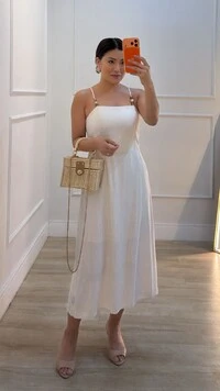 Vestido Midi Viscose Com Linho Eduarda Fenda Posterior