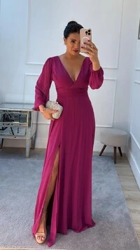 Vestido Longo Decote V Transpassado Sophia Fenda Frontal Com Cinto Faixa