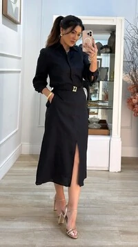 Saia Midi Linho Fenda Frontal Alice Cinto Fivela Quadrada Dourada