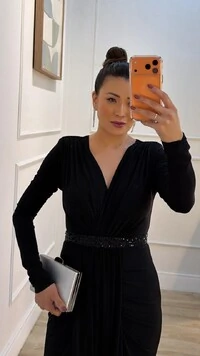 Vestido Longo Mangas Longas Jamile Cinto De Paetê