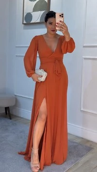 Vestido Longo Decote V Transpassado Stella Fenda Frontal Com Cinto Faixa