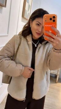 Jaqueta Casaco Nylon Com Teddy Safira Pespontos Em Losangos