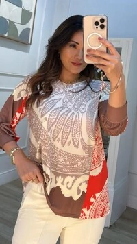 Blusa Estampada Malha Fria Elania Mangas Longas