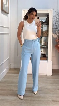 Calça Pantalona Milla Pala Pespontada E Cinto Fino Com Ponteiras