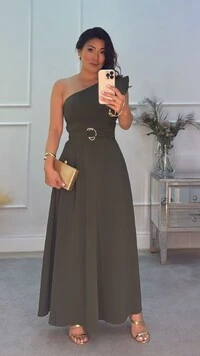 Vestido Longo Alba Ombro Único E Cinto Faixa Com Fivela Dupla
