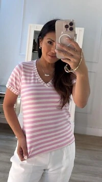 Blusa Malha Listrada Bianca Decote V