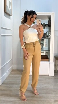 Blusa Viscose Com Linho Louise Maxi Esfera Dourada Frontal