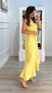 Vestido Midi Twill Bordado Barrado Assimétrico Jamile Cinto Fino