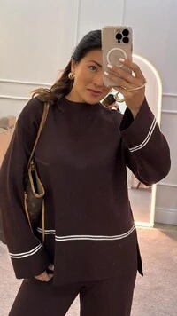 Conjunto Tricot Vilma Blusa & Calça Pantalona Com Listra Dupla