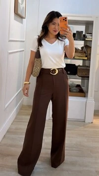 Calça Pantalona Alfaiataria Cecilia Cinto Fivela Larga Dourada