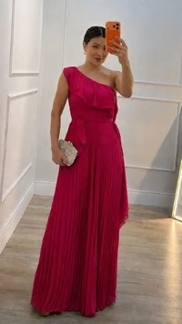Vestido Longo Ombro Único Plissado Detalhe De Babado Taty Cinto Faixa