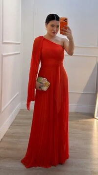 Vestido Longo Plissado Ombro Único Chloe Cinto Faixa
