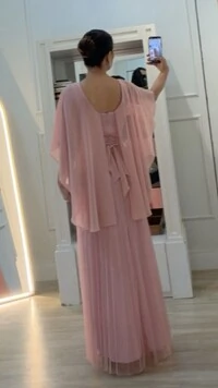 Vestido Longo Mangas Em Echarpe Vivi Saia Plissada Em Tule