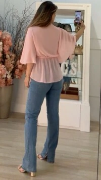 Bata Chiffon Mangas Em Evasê Thainá Elástico Franzido No Barrado