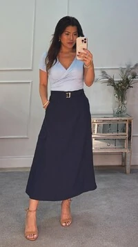 Saia Midi Cargo Twill Raquel Cinto Pespontado Fivela Dourada