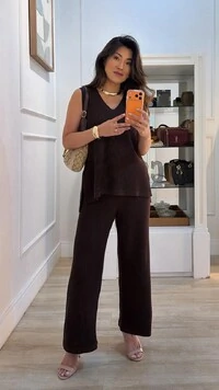 Conjunto Tricot Maithe Blusa Regata Alongada E Calça Pantalona