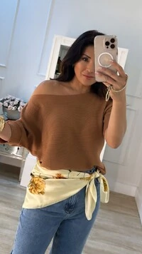 Blusa Tricot Amplo Canelados Horizontais Heloize Mangas 3/4 Com Punhos