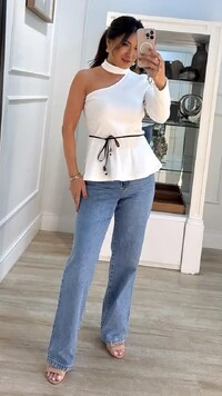 Blusa Alongada Canelada Peplum Ombro Único Chloe Cinto Fino