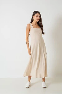 Vestido Midi Decote Reto Barbara Alças Largas
