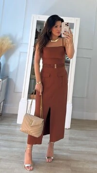 Vestido Midi Alças Finas Opcionais Britney Cinto Franzido