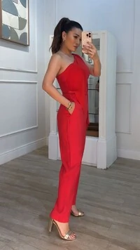 Macacão Twill Ombro Único Detalhe Em Chiffon Mary Cinto Fino