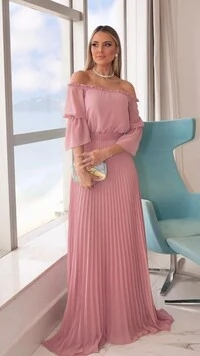 Vestido Longo Plissado Ombro À Ombro Mangas 3/4 Kate Com Cinto Faixa