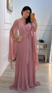 Vestido Longo Manga Echarpe Bruna Com Cinto Faixa