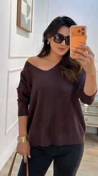 Blusa Tricot Ampla Decote V Paola Mangas Longas