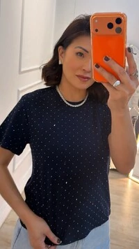 Camiseta De Malha Shine Com Strass Hotfix