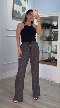 Calça Pied Poule Cinthia Pala Larga Com Amarração Frontal