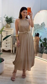 Vestido Midi Cavado Risca De Giz Aurora Com Cinto Corda