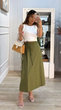 Saia Midi Evasê Prega Lateral Jolie Cinto Corda