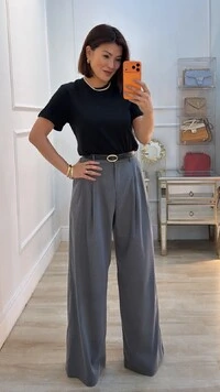 Calça Pantalona Alfaiataria Lindsay Cinto Fino Couro Eco