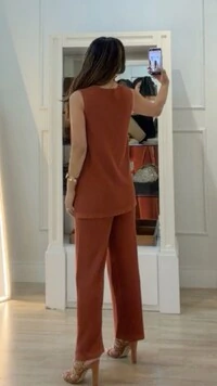 Conjunto Tricot Maithe Blusa Regata Alongada E Calça Pantalona